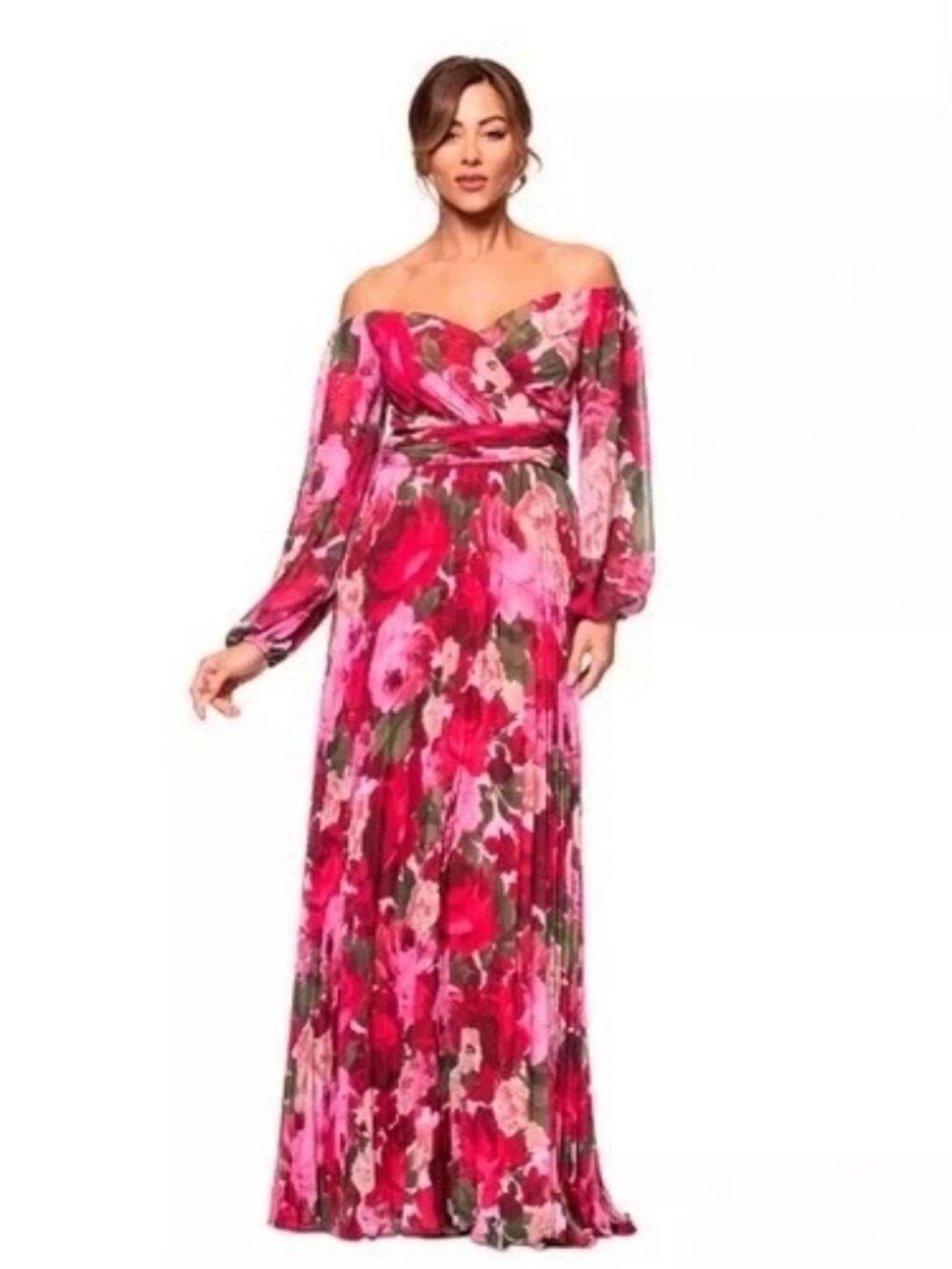 Xscape Red Pink Floral Off-The-Shoulder Pleated Long Sleeve Gown